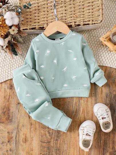 SHEIN Vintaside Kids 幼儿男童恐龙印花圆领长袖运动衫和裤子套装，休闲日常装，秋冬