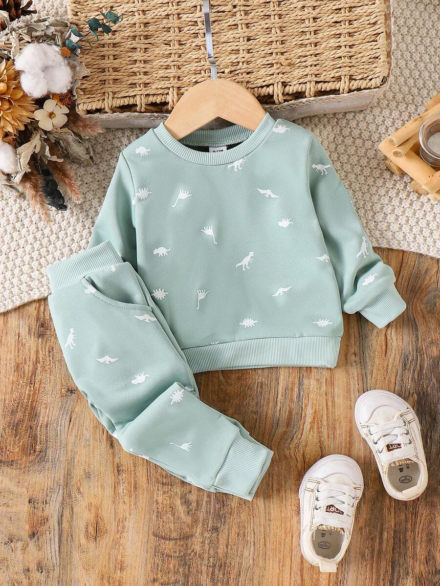SHEIN Vintaside Kids 幼儿男童恐龙印花圆领长袖运动衫和裤子套装，休闲日常装，秋冬 - 綠色 - 查看 1