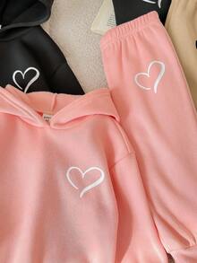 6pcs/Set Baby Girl Cute Solid Color Heart Pattern Hoodie Sweatshirt & Elastic Waist Pants, Autumn/Winter Fall - Multicolor - View 11