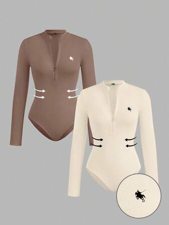 SHEIN EZwear 2 st plus size damset med ponnytryck, dragkedja och hög hals, smal passform, långärmad