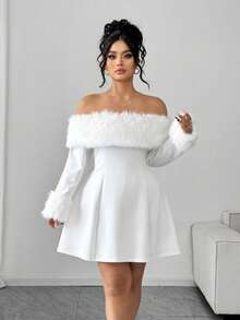 Elenzga Plus Size Women's Elegant Faux Fur Collar Dress, Suitable For Valentine's Day, Holidays, New Year's Party, Wedding, Christmas - White - View 5