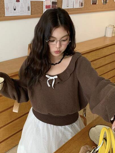 Dazy Plus 纯色圆领拼接荷叶边蝴蝶结装饰修身休闲加大码套头毛衣