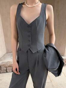 SHEIN Unity 2pcs/Set Women Plain Front Button Long Sleeve Pocket Revere Collar Top & Pants Casual Suit - Grey - View 5
