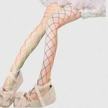 ROMWE Goth 1pair Women's White Asymmetrical Ripped Fishnet Stockings, All Seasons - iridescent - View 6