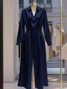 Franclia 女士优雅纯色V领连体裤，适合通勤 - 藏蓝色 - 查看 1