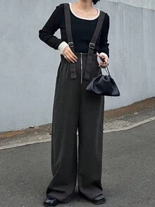 FRIFUL Women's Solid Color Straight Loose Casual Jumpsuit - Dark Grey - View 5