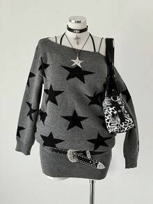Sunspun Damen Große Größen Y2K Streetwear Stil Pentagramm Jacquard locker sitzendes Boot-Ausschnitt bequemes Strickkleid, geeignet für Herbst/Winter, Schulanfang, tägliche Fahrt, bestes Feriengeschenk für Halloween, Weihnachten - Grau - Übersicht 1