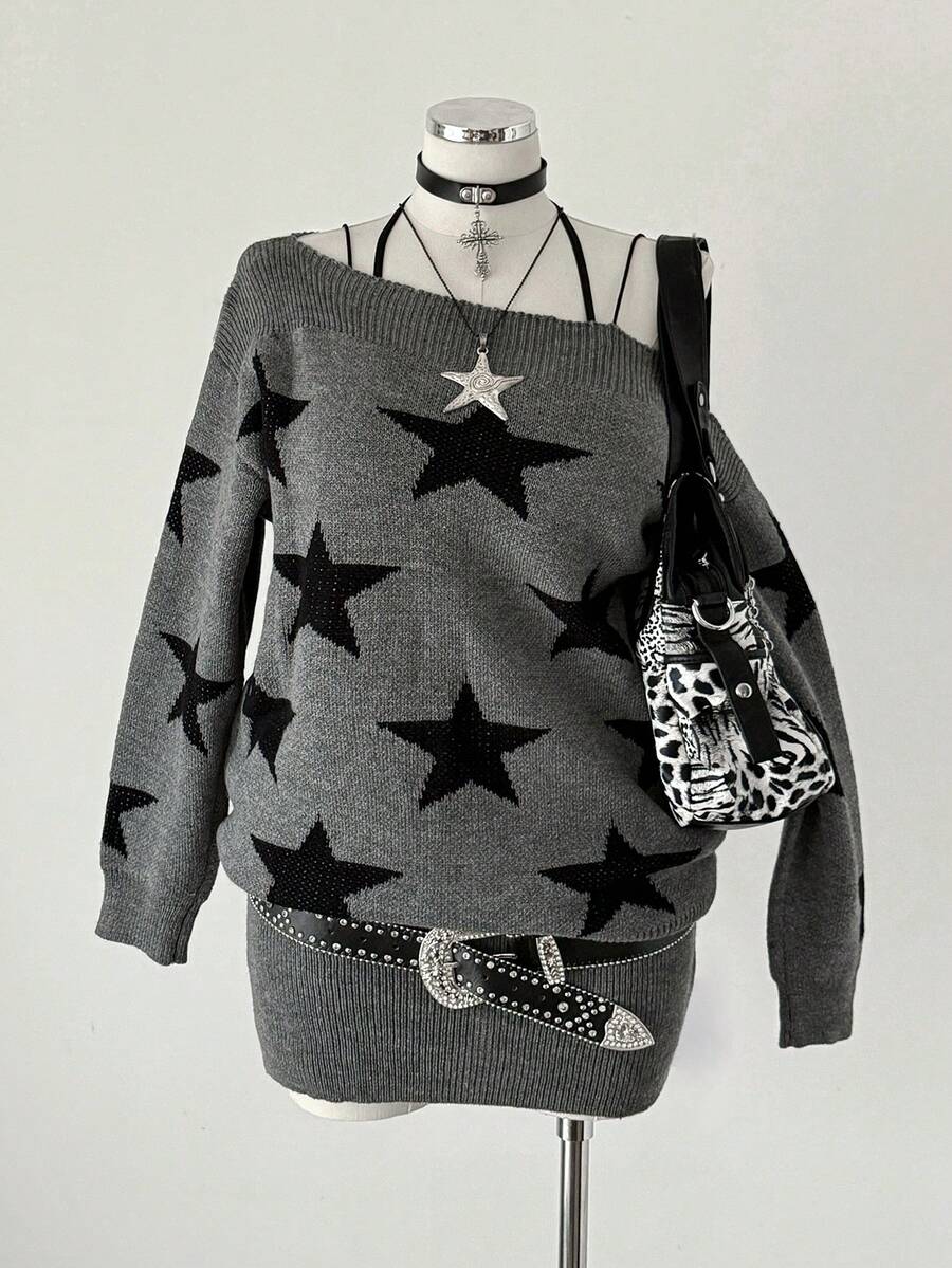 Sunspun Damen Große Größen Y2K Streetwear Stil Pentagramm Jacquard locker sitzendes Boot-Ausschnitt bequemes Strickkleid, geeignet für Herbst/Winter, Schulanfang, tägliche Fahrt, bestes Feriengeschenk für Halloween, Weihnachten - Grau - Übersicht 1