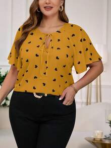 Reflora Plus Size Women Heart Ruffle Trim Tie Neck Summer Blouse - Yellow - View 6