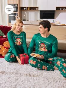 圣诞糖果和可爱小熊印花撞色长袖上衣和裤子男士睡衣套装秋冬服装