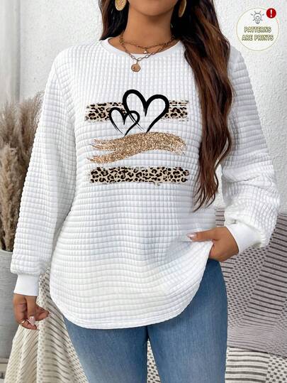 EMERY ROSE Sudadera casual cómoda de cuello redondo con corazón de brillo a cuadros, bajo curvo y aberturas laterales, para otoño/invierno