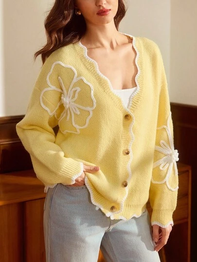 Vintamour 女士花卉撞色开衫毛衣，适合秋冬季、圣诞节、新年和感恩节穿着。