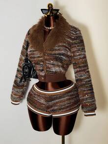 Mistrie Neues Damenkleid aus Kunstwolle mit langen Ärmeln, Plüschkragen und Perlenmuster, Low-Rise-Shorts-Set und lässigem Stil - Braun - Übersicht 6