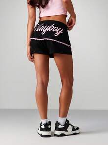 Missguided x Playboy Women's Hot Pants Lace Trim Detail Black Shorts With Bunny Logo - Casual Summer Festival Bottoms - Black - View 2