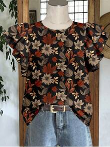 EMERY ROSE Plus Size Women Maple Leaf Print Round Neck Cap Sleeve Blouse, Autumn Small Flying Sleeve Loose Shirt Chic Blouses For Women - Multicolor - View 8