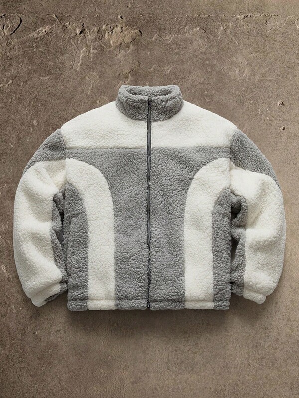 AXEPEAK Chaqueta de forro polar con cremallera y cuello de contraste para hombre, para otoño/invierno