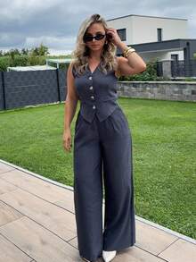 Jeta Ari بدلة كاجوال من قطعتين للنساء ، سترة صدرية بحfit واحد وبنطلون من اللون الأحادي ،ملابس رسمية عادية للسيدات - رمادي غامق - مشاهدة 1