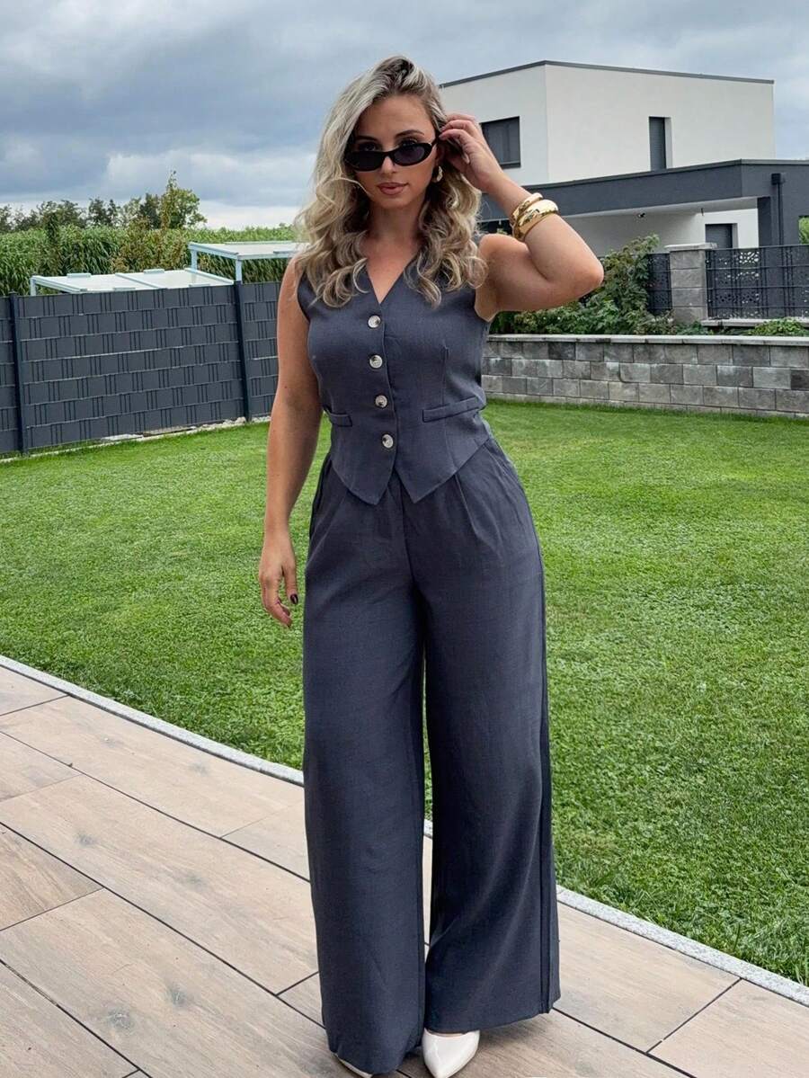 Jeta Ari بدلة كاجوال من قطعتين للنساء ، سترة صدرية بحfit واحد وبنطلون من اللون الأحادي ،ملابس رسمية عادية للسيدات - رمادي غامق - مشاهدة 1