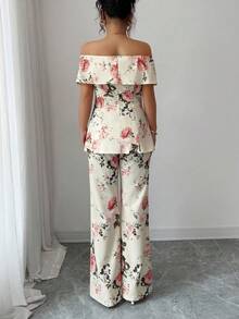 Selianne 女式花卉露肩单排扣夹克和喇叭裤优雅套装