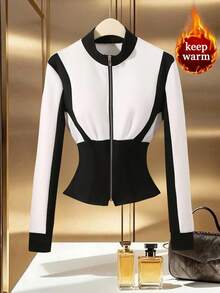 Modelyn Women's Elegant Fashionable Color Block Waist Sweatshirt - Black and White - View 1