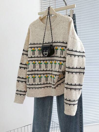 SHEIN Franclia 女式提花撞色毛绒球针织套头衫