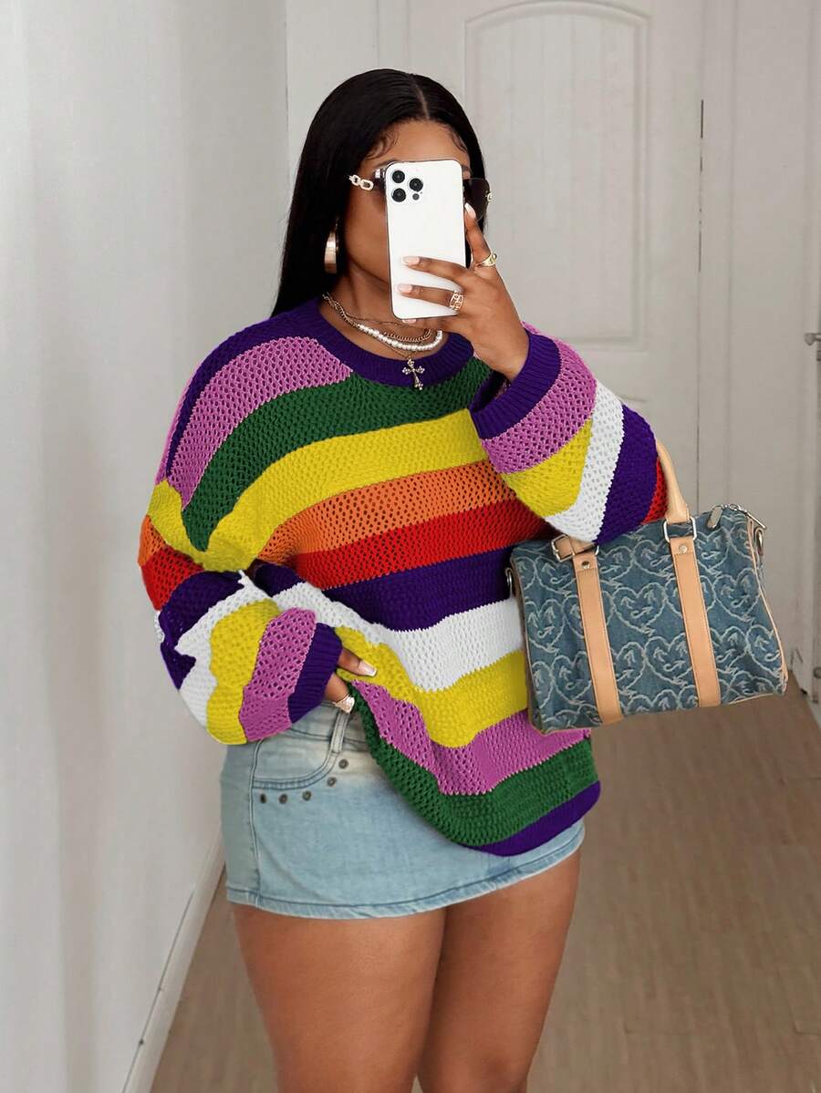 Maweii Pull décontracté pour femmes grandes tailles avec col rond, rayures contrastées et effet ajouré - Prune - Voir 1