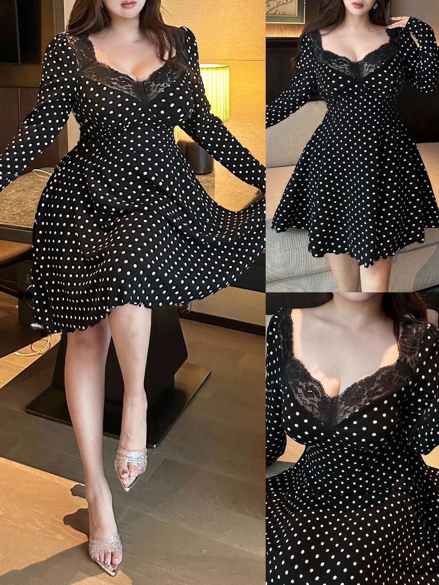 Flirla 优雅复古性感蕾丝拼接长袖腰部收腰 A 字型波尔卡圆点大码女式连衣裙，适合秋冬季派对、宴会 - 黑色 - 查看 1