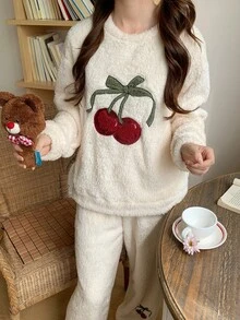 2 件套青少年女孩毛绒双面睡衣，可爱甜美印花和刺绣，舒适长袖上衣和裤子家居服套装，秋冬