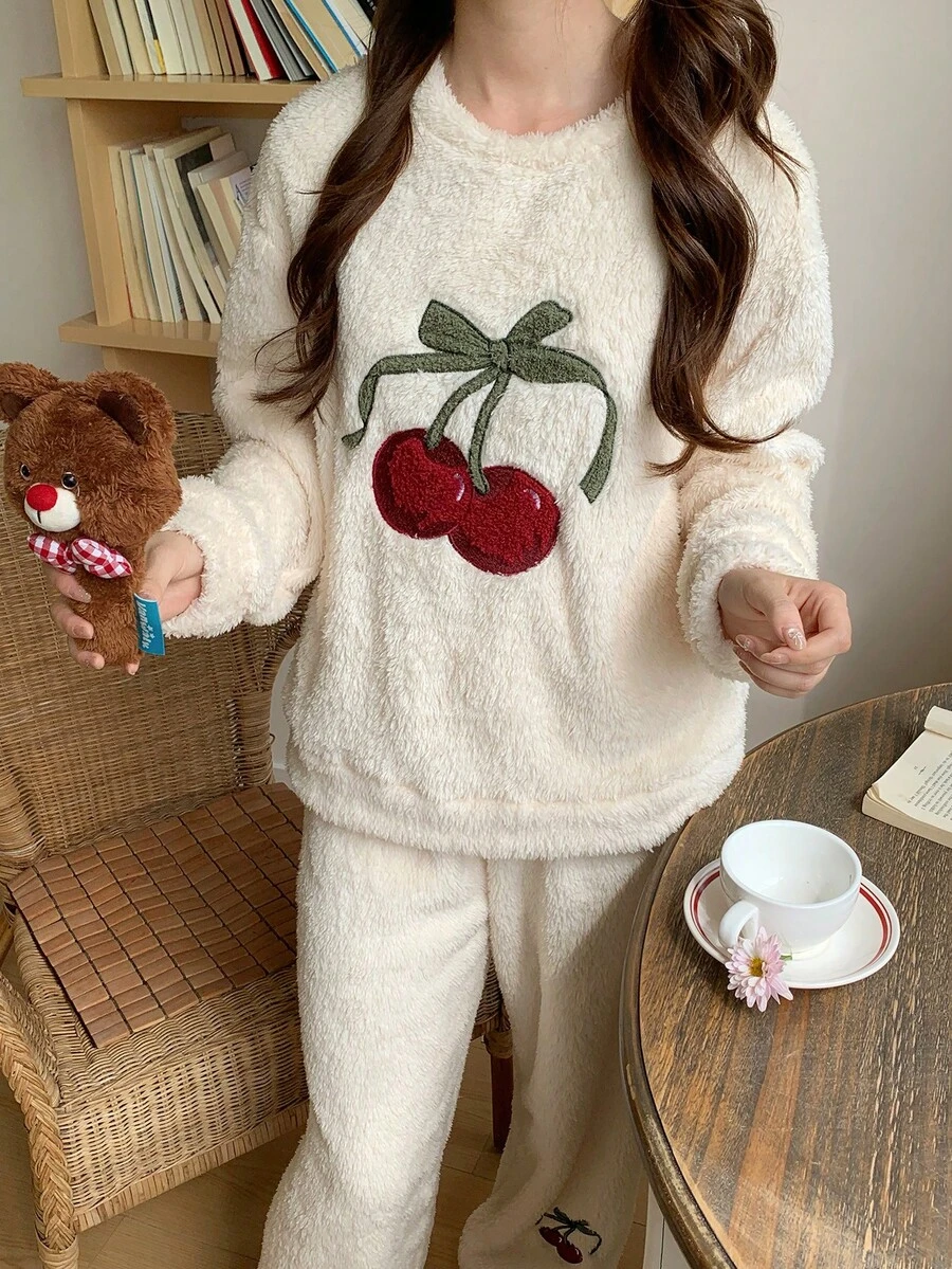 2 件套青少年女孩毛绒双面睡衣，可爱甜美印花和刺绣，舒适长袖上衣和裤子家居服套装，秋冬