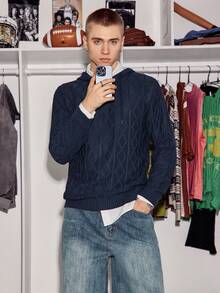 STEELVANCE 男士菱格纹针织套头毛衣牛仔裤阔腿宽松牛仔裤男士阔腿牛仔裤秋冬 - 藍色 - 查看 4