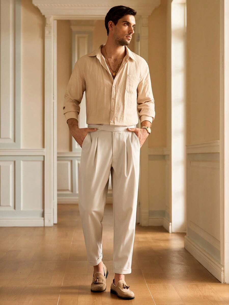 HIMLAND Men's Solid Color Fold Pleated Pocket Business Suit Pants - Beige - View 1