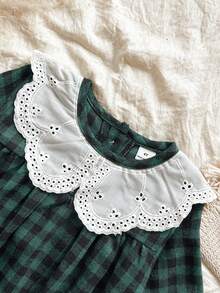 Vintaside Kids 女童格子连衣裙田园风优雅淑女长袖棉麻面料适合春秋过渡季节 - 綠色 - 查看 6