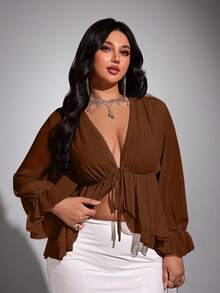 Viva Relle Plus Size Chiffon Sexy Bow Blouse - Brown - View 2