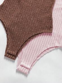 EMERY ROSE 2pcs Set Bodysuit, Colorful Design, Comfortable Autumn/Winter Base Layer Bodysuit - Brown - View 5