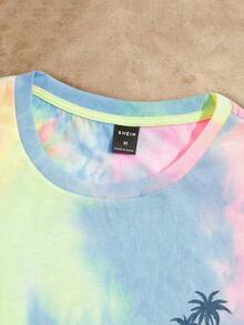 Manfinity NXTstreet 男士针织休闲日常海滩冲浪度假扎染椰子树图案修身圆领短袖 T 恤 - 彩色 - 查看 3