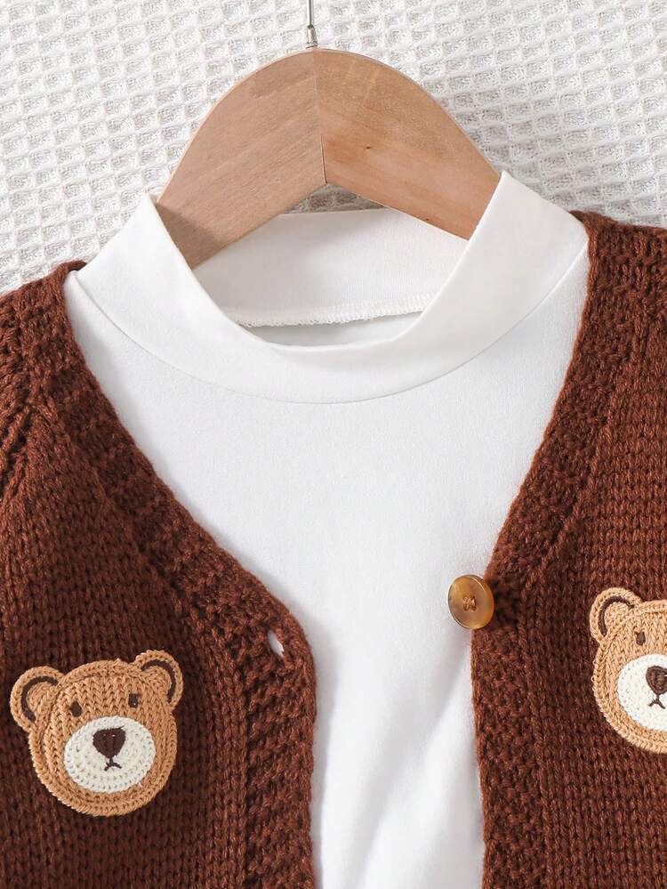 Cozy Pixies 男童卡通熊图案V领长袖开衫毛衣女秋冬装 - 棕色 - 查看 3
