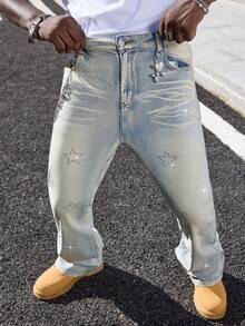 ROMWE MEN Street Life Men's Rhinestone Embellished Light Wash Casual Jeans - Blue - View 4