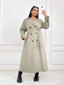 SHEIN EZwear 大码女式纯色翻领长袖双排扣长款休闲风衣夹克，秋季 - 卡其色 - 查看 5