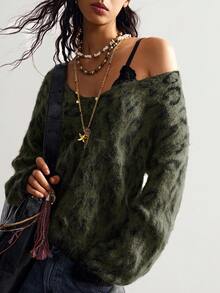 Bohemela 波西米亚风秋冬外套，女士复古豹纹不对称领宽松针织套头毛衣，西部乡村风格，适合度假、日常穿着、返校季、圣诞节、新年等场合。 - 軍綠色 - 查看 3