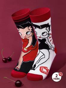 Betty Boop x SHEIN 2 双柔软透气吸湿排汗休闲女士中筒袜，时尚黑白可爱女士中筒袜，加固脚趾和脚跟，经久耐用，四季百搭，夏季冬季 - 彩色 - 查看 2