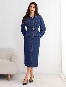 Elenzga Women's Fashionable Commuter Jacket And Denim Skirt Set, Autumn - Blue - View 4