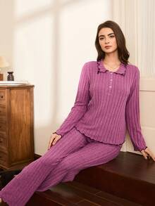 Moireta 女士休闲舒适宽松领半扣抓绒上衣和裤子睡衣套装，冬季保暖舒适 - 藕粉色 - 查看 1