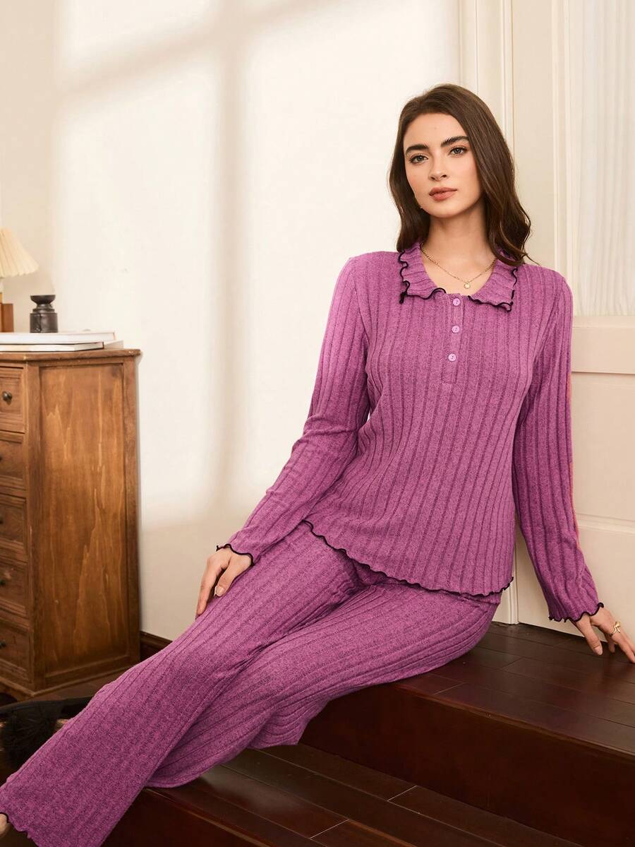 Moireta 女士休闲舒适宽松领半扣抓绒上衣和裤子睡衣套装，冬季保暖舒适 - 藕粉色 - 查看 1