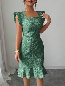 Elenzga 女式方领盖袖优雅花卉提花通勤连衣裙，夏季 - 墨綠色 - 查看 6