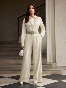 ZEYLAH 女士优雅直筒串珠裤，秋冬 - 杏色 - 查看 6