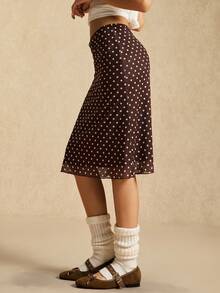 Easelle Coffee Brown Polka Dot Mesh Skirt, Midi Skirt, Brown Mesh, Retro Casual Style, 2025 Autumn/Winter. - Coffee Brown - View 6