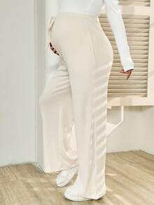 SHEIN 孕妇休闲日常通勤纯色系带可调节腰部保暖阔腿裤 - 杏色 - 查看 5