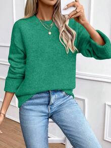 EMERY ROSE Áo len chui đầu cổ tròn dáng rộng cho nữ có bo gấu ở cổ tay - Màu xanh lá cây đậm - Xem 4