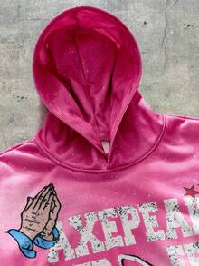 AXEPEAK Men's Letter & Cross Print Loose Fit Casual Hoodie Sweatshirt - Hot Pink - View 3