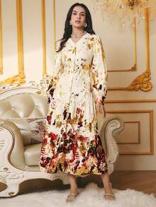 SHEIN Clasi 女士 V 领长款金色印花连衣裙，优雅奢华派对礼服，适合万圣节、感恩节、秋冬、新年 - 彩色 - 查看 3